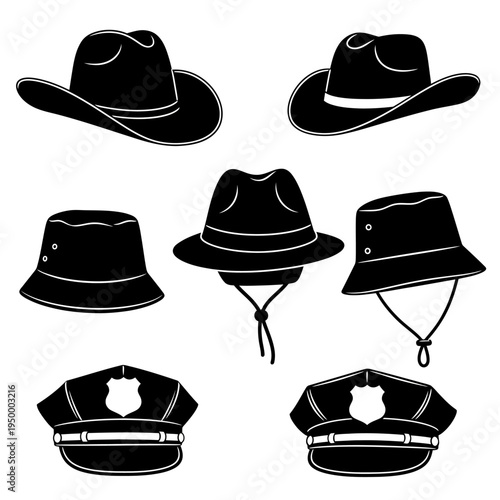 Collection of various hats and caps.