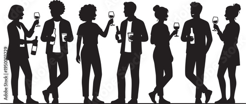 People drinking wine and talking silhouette set, friends social gathering party celebration standing characters vector illustration
