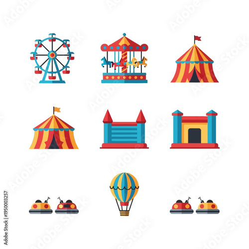Colorful carnival rides and attractions icons.