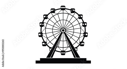 A detailed black silhouette icon of a large fairground ferris wheel with gondolas and support base