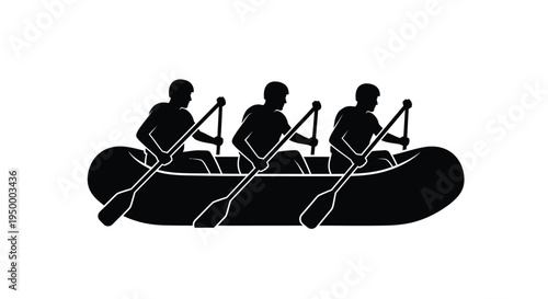 A black silhouette illustration of three people paddling together in a large inflatable raft