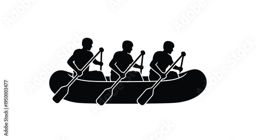 A black silhouette illustration showing three people rowing together in a long inflatable raft