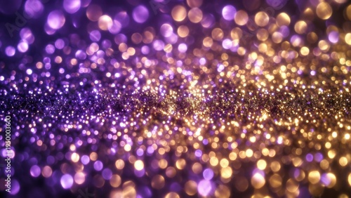 Glitter particles shimmering on blurred purple gold background