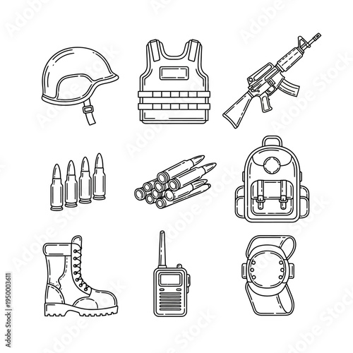 Military equipment and gear icons.