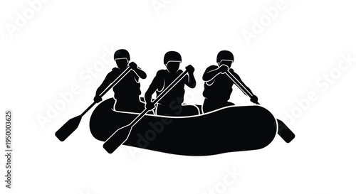Black silhouette illustration of three people in a raft paddling during a river rafting adventure