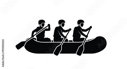 A black silhouette illustration showing a team of three people rowing together in a large raft