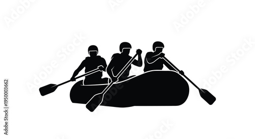 A silhouette illustration of a group of three people rowing together in a white water river raft