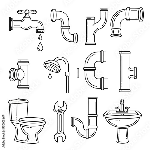 Plumbing fixtures and tools illustration set.