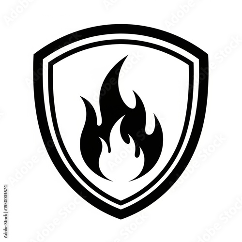 Black shield with fire symbol inside white background.