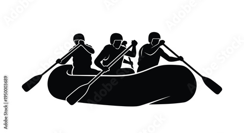 Black silhouette illustration of three people working together to row an inflatable river raft
