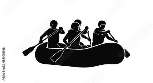 Black silhouette illustration of a team of four people rowing together in an inflatable river raft