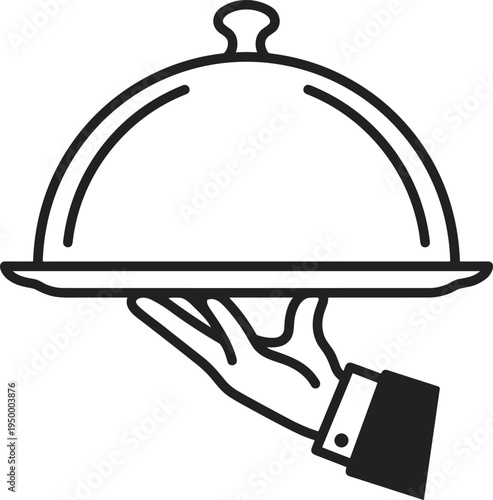 Restaurant serving tray icon vector, waiter hand holding food cloche hospitality service symbol outline illustration
