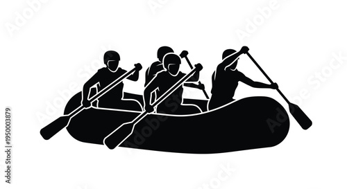 A team of people paddling together in a rubber raft representing the sport of white water rafting