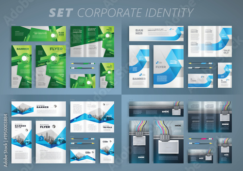 Set Corporate Identity template cover flyer, tri-fold, banner, roll up banner, business card