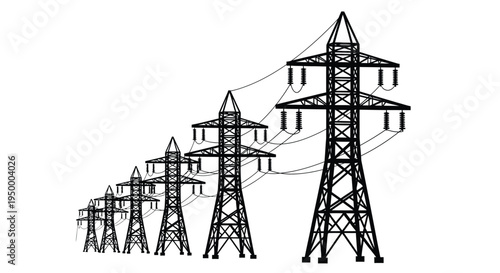 A sequence of electrical transmission towers arranged in ascending order of their physical height