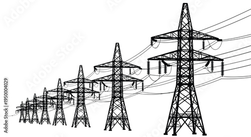 A series of high voltage electricity transmission towers connected by power lines in a perspective