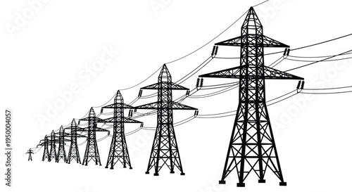A series of high voltage electricity transmission towers lined up in a perspective view sequence