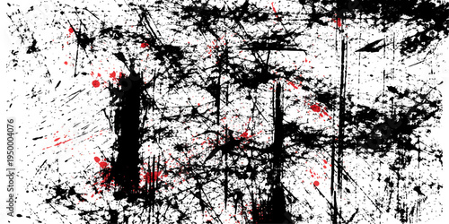 Abstract Grunge artistic expression, dark splatters and splashes of ink over a stark white backdrop creating a captivating contrast and evoking a sense of raw emotion and urban edge.