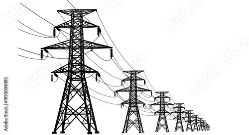 A series of black silhouettes of high voltage electricity transmission towers in a row perspective