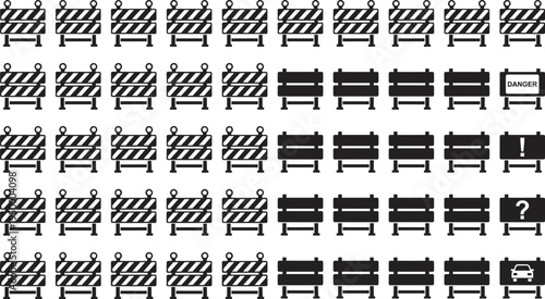 Road construction barrier icon set, traffic barricade warning sign silhouette collection, safety block obstacle vector symbols
