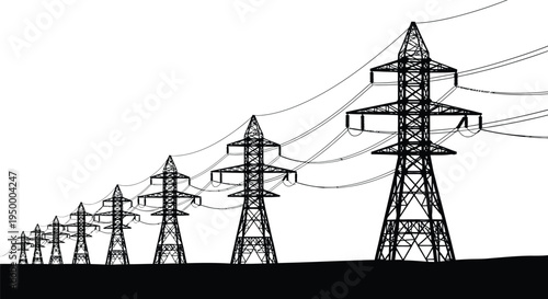 A series of high voltage electricity transmission towers standing in a line across the landscape