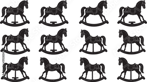 Rocking horse toy silhouette set, classic nursery rocking horse icons collection, vintage wooden toy symbol bundle isolated vector illustration