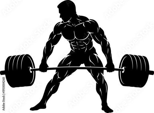 A black silhouette of a muscular man performing a heavy deadlift exercise with a barbell isolated Vector, illustration