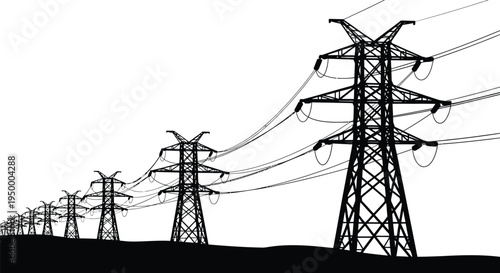 A series of tall metal electrical transmission towers supporting high voltage power lines stretching