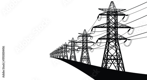 A long row of high voltage electricity transmission towers stretching into the distant horizon line