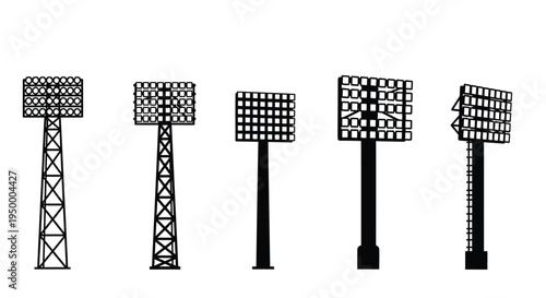 A collection of five different stadium floodlight towers depicted in a simple black line art style