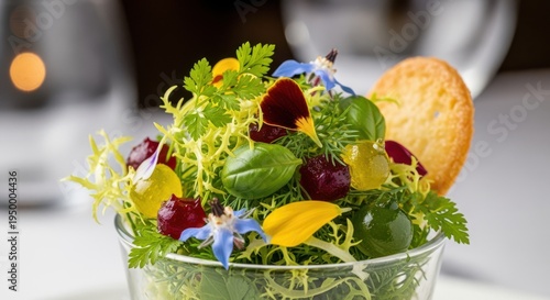 Fresh green salad with edible flowers and crouton in glass bowl for restaurant menu