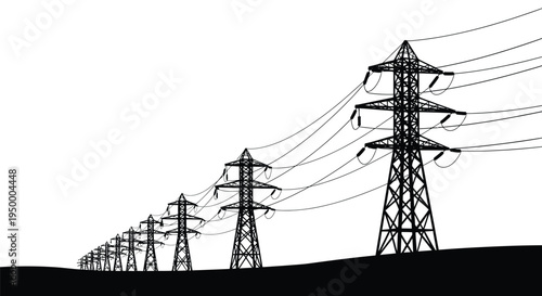 A row of high voltage electricity transmission towers standing in a line across the horizon view