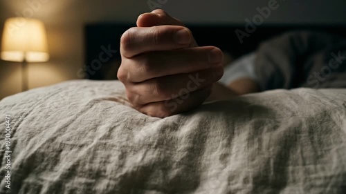 Wallpaper Mural Man lying restless in bed with hands gripping pillow. Sequence shows clenching then pushing cushion during night struggle. Insomnia and sleep discomfort concept in dim bedroom Torontodigital.ca