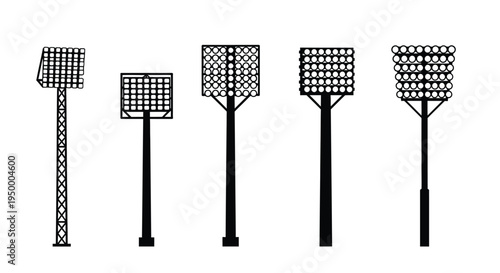 A collection of five different stadium floodlight tower silhouettes for sports venue illumination