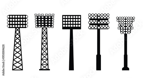 A collection of five different stadium light tower designs featuring various pole structures