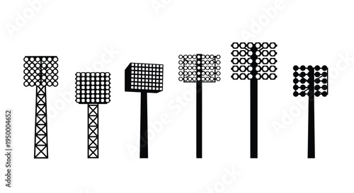 A collection of various stadium light tower designs featuring different pole and lamp structures