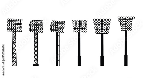 A collection of six distinct stadium floodlight tower silhouettes for outdoor sports lighting