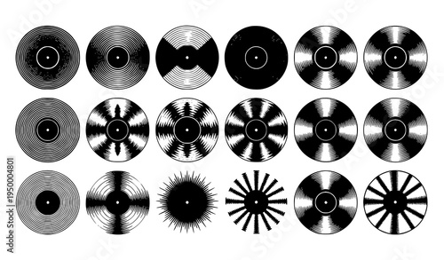 Vintage Vinyl Records Soundwave Vector Set Classic Audio Discs Isolated White