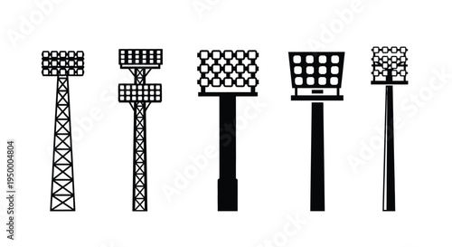 A collection of five different stadium floodlight tower silhouettes for sports field illumination