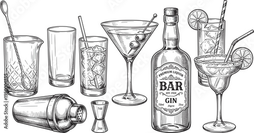 Vintage cocktail bar equipment set, martini glass shaker gin bottle drink illustration vector collection isolated