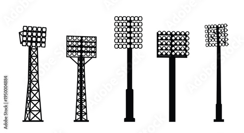 A collection of five different stadium floodlight tower silhouettes used for sports field lighting