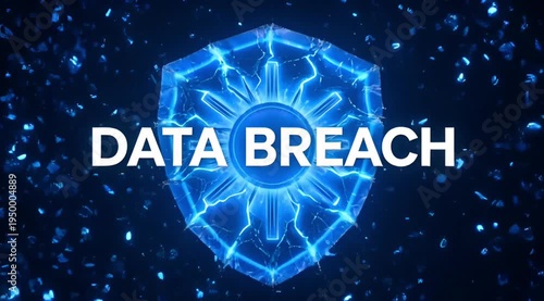 3D Blue Shield Icon Shattering with Data Breach Text and Electric Effects
