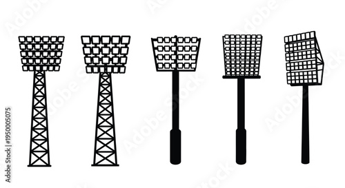 A collection of various stadium floodlight tower designs featuring different mounting structures