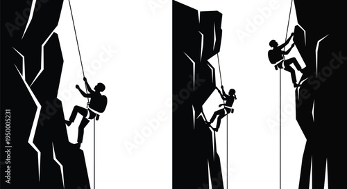 Silhouette illustration of adventurous rock climbers scaling steep mountain cliff faces with ropes