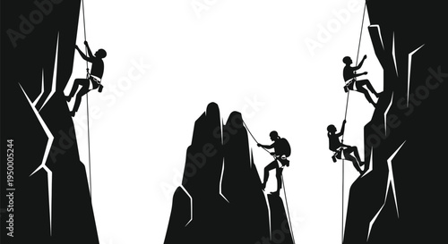 A black silhouette illustration showing a group of adventurous people rock climbing up mountains