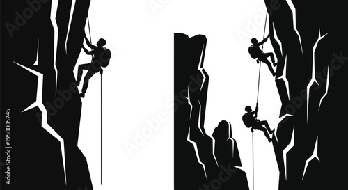 Silhouettes of adventurous rock climbers scaling steep mountain cliffs with ropes and gear equipment