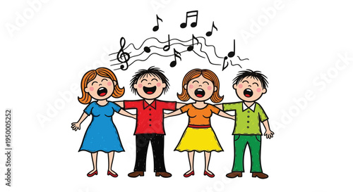 Happy children singing together music group cartoon vector illustration