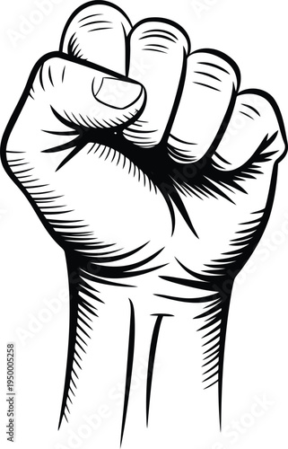A black and white line art illustration of a clenched fist raised high as a symbol of resistance