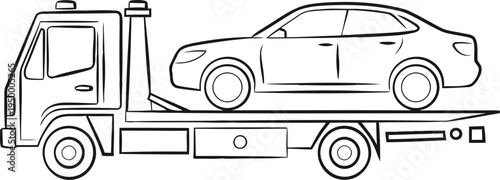A simple black and white line drawing of a flatbed tow truck transporting a sedan motor vehicle