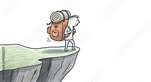 Cute child hiking with backpack on cliff adventure cartoon vector illustration
